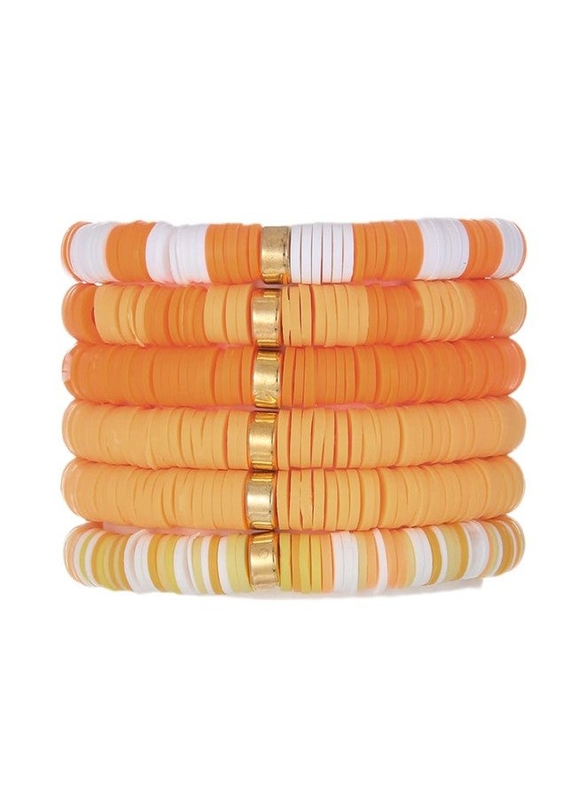 SCRDPRAD Macaron Multi-layer 6Pcs Bohemia Bracelet for Women Heishi Clay Bead Stretch Bracelets Stackable Colorful Summer Beach Hawaii Boho Jewelry Aesthetic Charm Rainbow Puka Shell Bracelets-Orange - Image 1